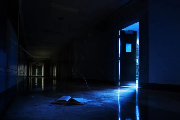 Corridoio domestico buio con una porta socchiusa illuminata da luce fredda